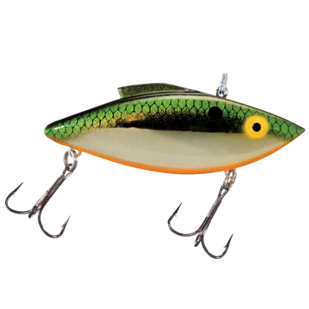 Bill Lewis Rat-L-Trap - Standard fishing lure with green and gold scaled pattern, yellow eye, and two sharp treble hooks for effective fishing tackle.