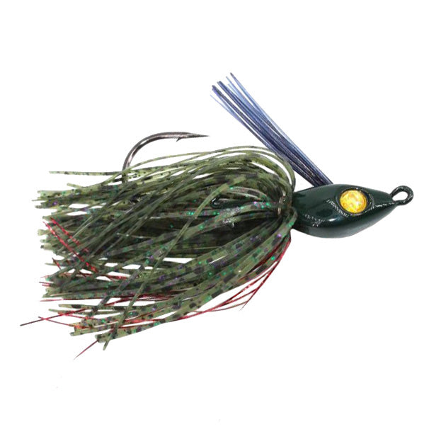 Hayabusa Lil' Schmitty Swim Jig fishing lure with a green and speckled skirt, a sharp hook, and a detailed yellow eye, designed for effective freshwater fishing tackle use.