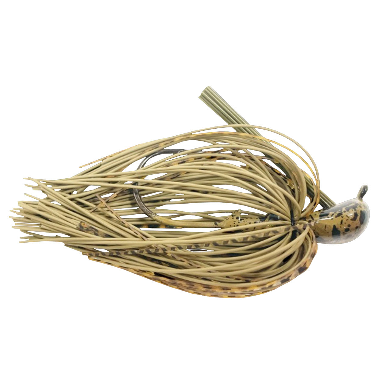 Greenfish Tackle Little Rubber Jig in natural green and brown tones with a detailed weighted head and flexible rubber skirt designed for fishing tackle and lures.