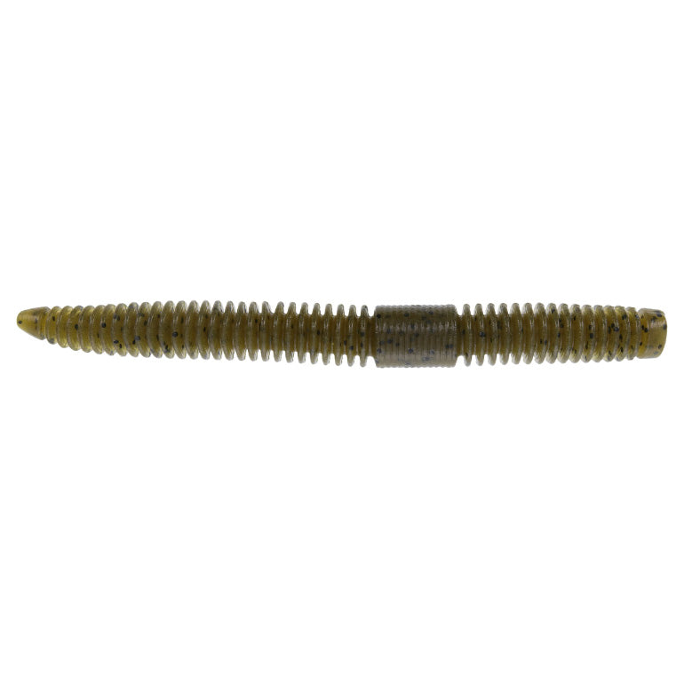 Yamamoto 5.5" Slink-O Floater Worm fishing lure in a ribbed, soft plastic design with natural green and black flecks for realistic fishing tackle.