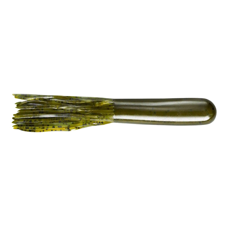 Yum 4" Tube fishing lure in olive green with black speckles, featuring a soft cylindrical body and multiple thin trailing strands designed to attract fish.