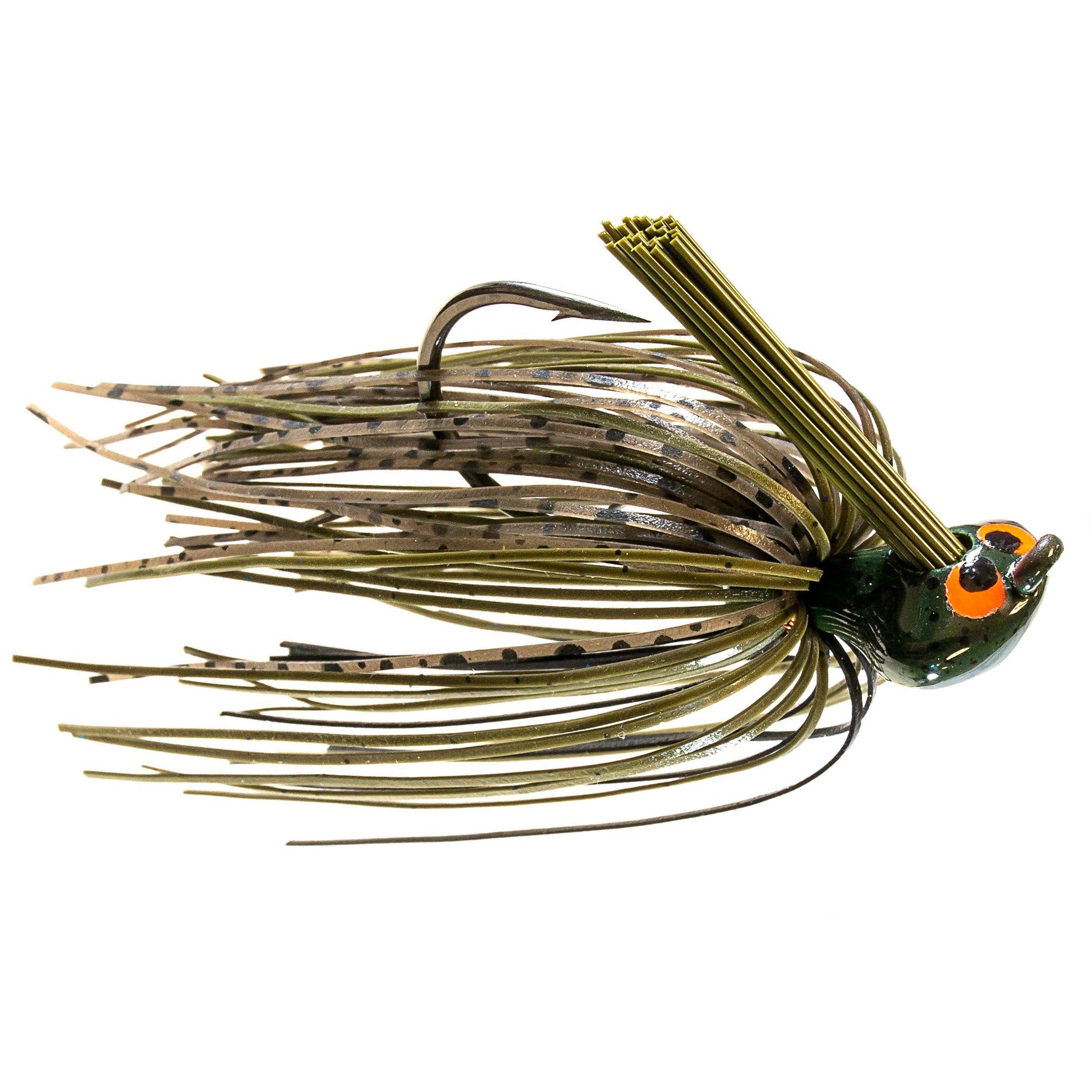 Z-Man CrossEyeZ Flipping Jig in green and brown camouflage pattern with detailed orange eyes, designed as a fishing lure for effective flipping and pitching techniques.