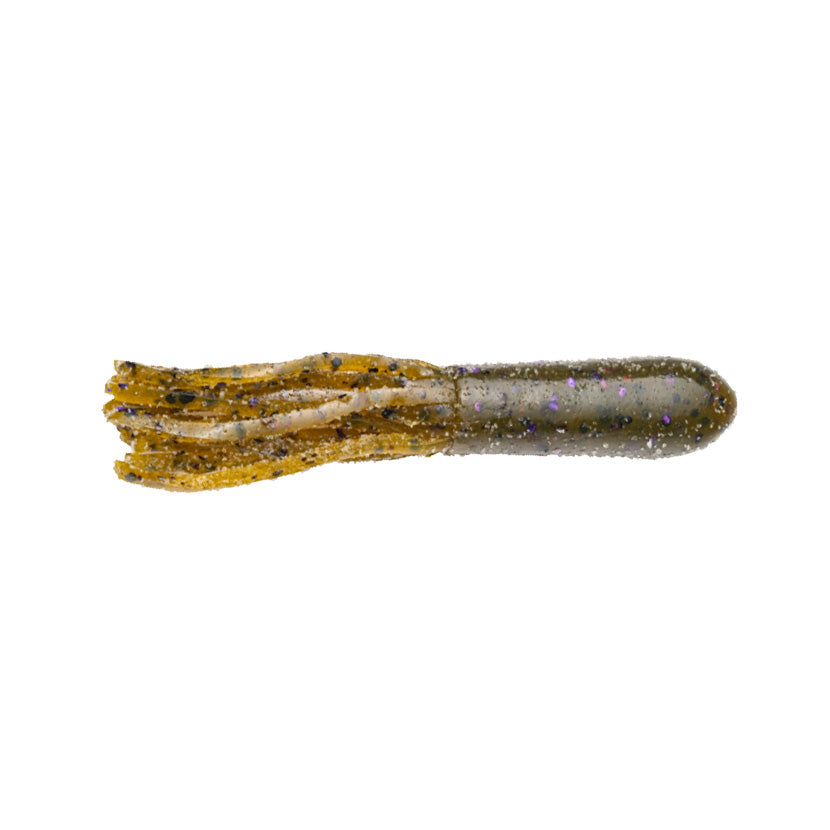 Strike King Fat Coffee Tube fishing lure in translucent brown with purple and black flecks, soft segmented body designed for lifelike movement in water.