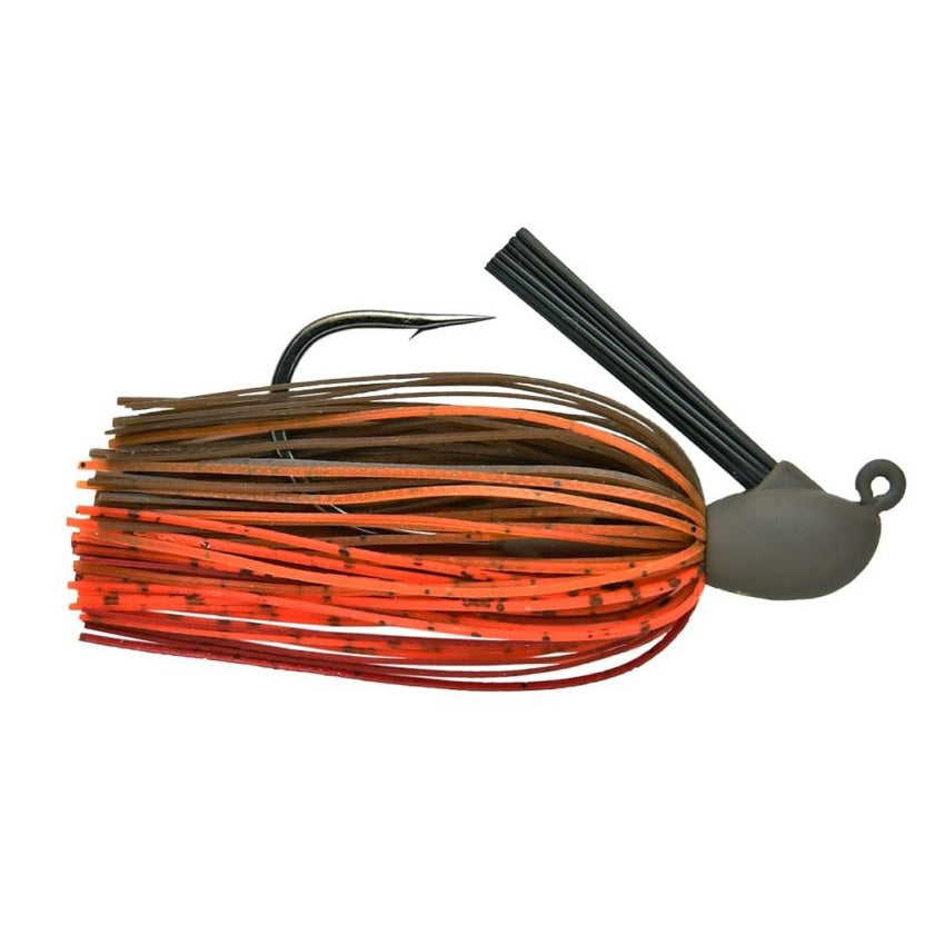 Keitech Model IV Heavy Duty Jig fishing lure with a sharp hook, weighted head, and orange and brown skirt designed for musky and ice fishing tackle.