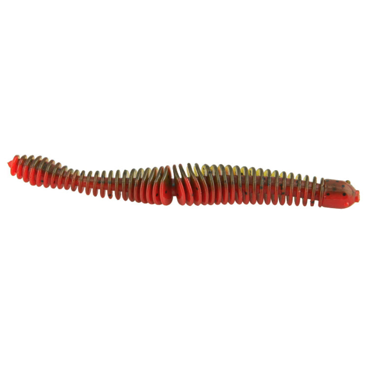 Big Bite Baits Russ Lane Coontail Worm fishing lure in segmented ribbed design with red and brown coloration for targeting musky and other freshwater fish.