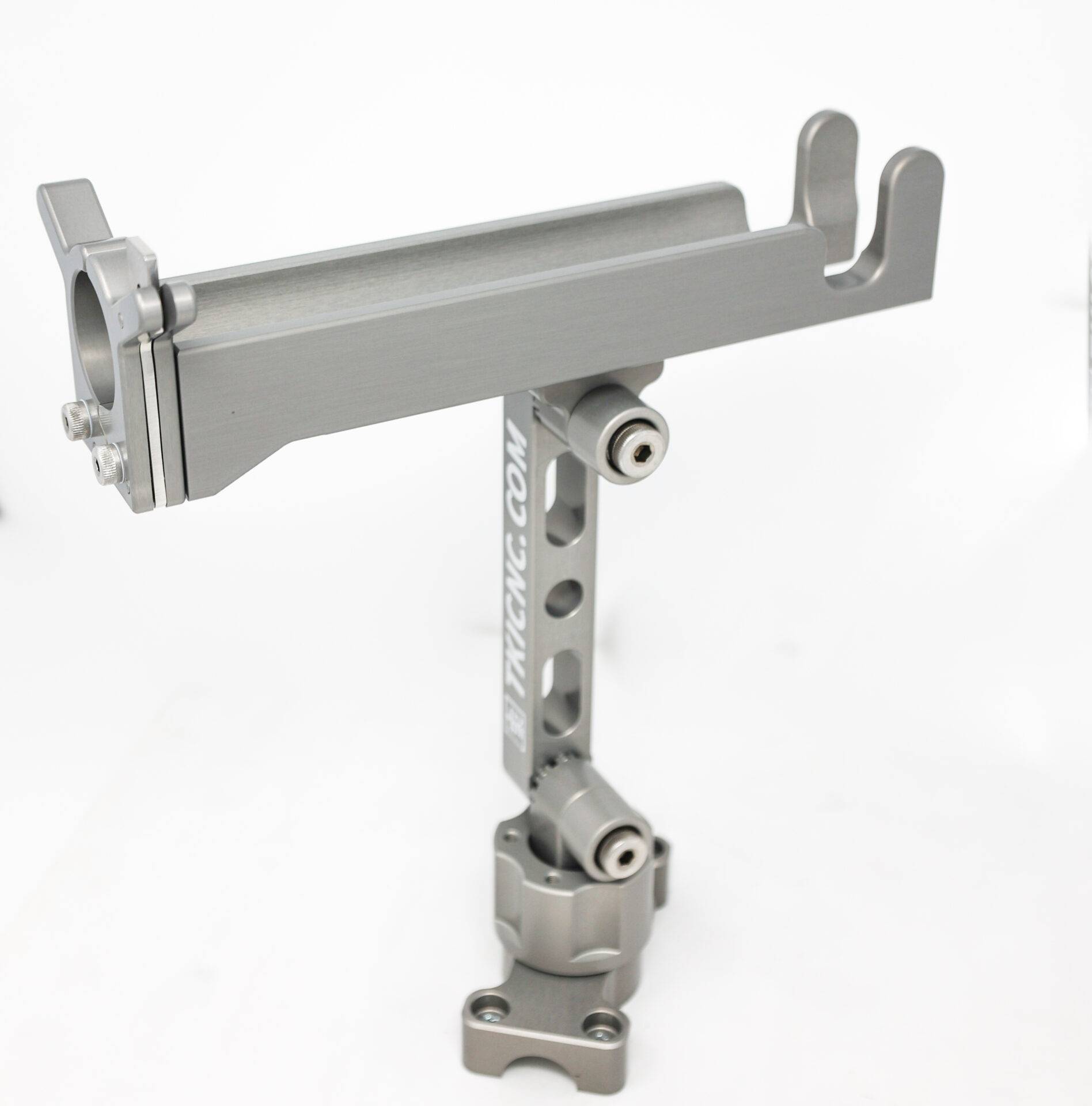 TKI Billet Fishing Rod Holder - 7.5" Flat Base w/ Cisco/Traxstech Plate SKU:604-100700-147, silver metal rod holder with adjustable mounting bracket for fishing tackle and rods.