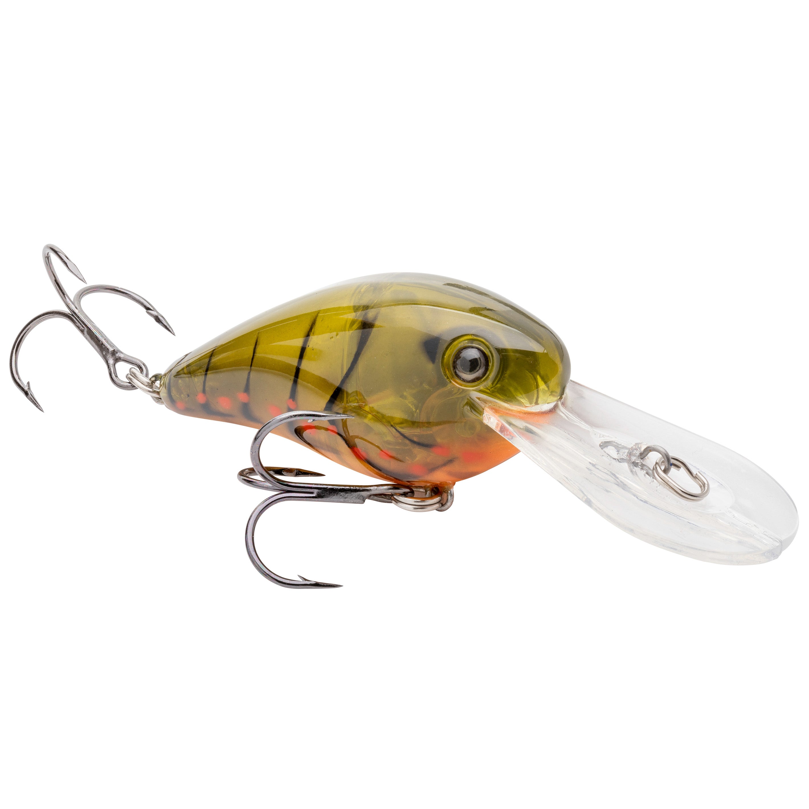 Strike King Gravel Dawg 10 Crankbait fishing lure in translucent green and orange with black stripes, featuring two sharp treble hooks and a clear diving lip for freshwater fishing.