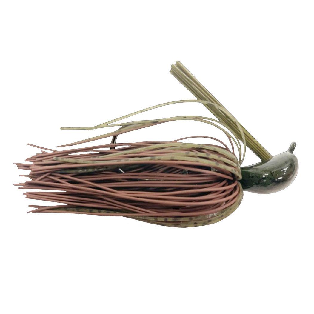 Greenfish Tackle Little Rubber Jig featuring a detailed rubber skirt in green pumpkin hues and a glossy weighted head, designed for effective fishing tackle use.