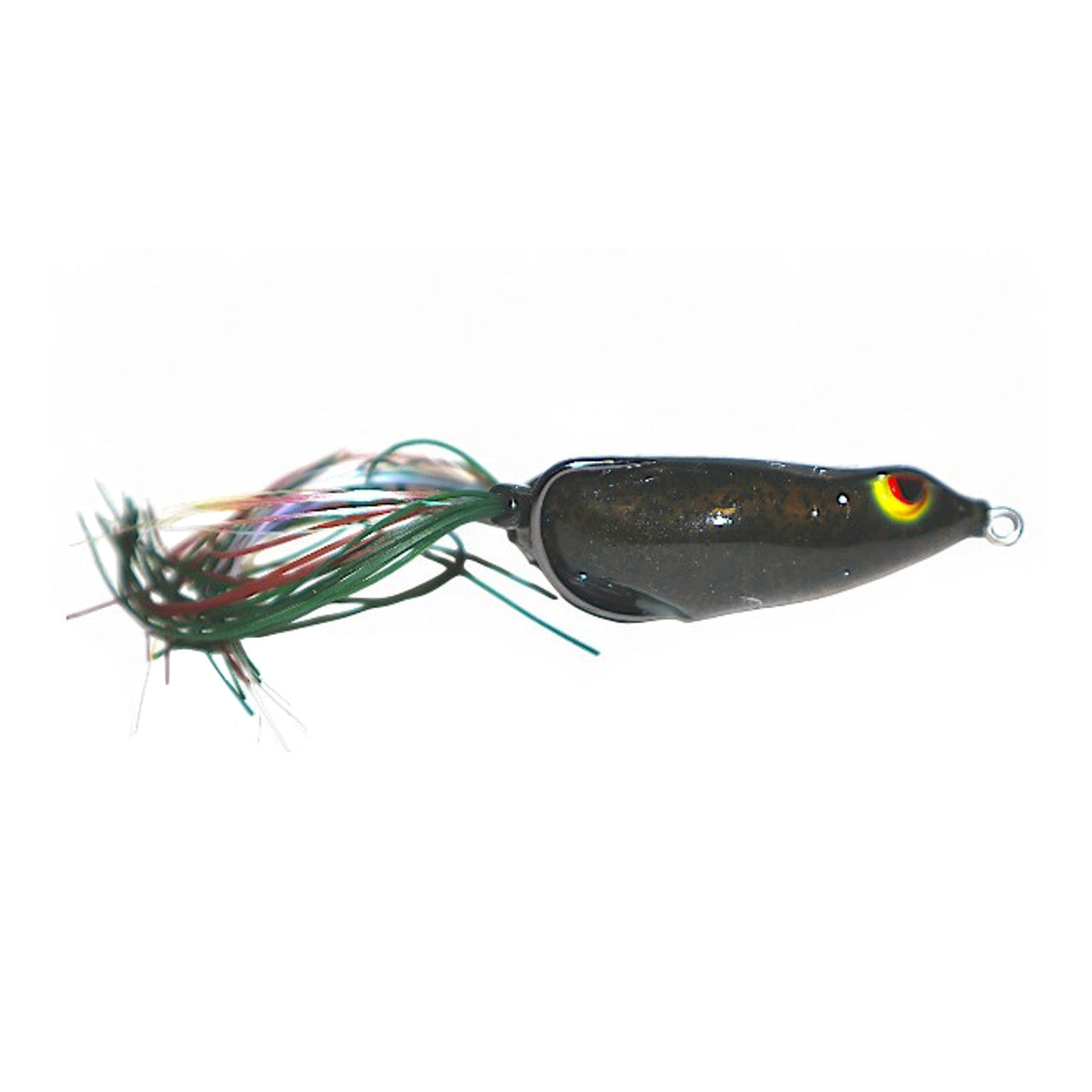 Gambler Lures Walking Frog fishing lure in green pumpkin color with lifelike eyes and multi-colored skirt designed for freshwater fishing tackle.