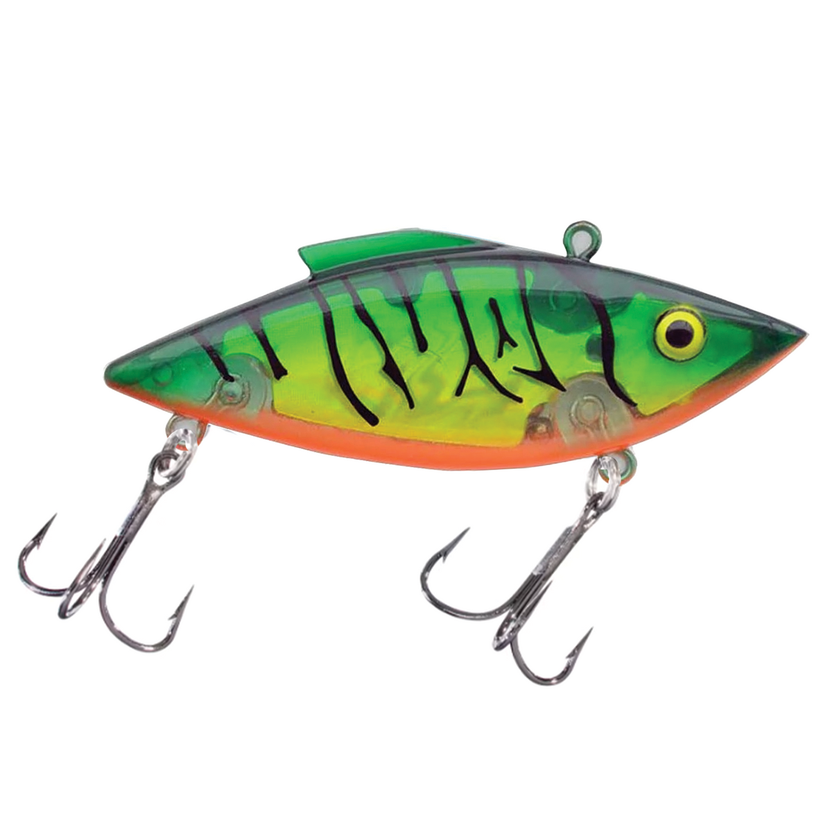 Bill Lewis Rat-L-Trap - Standard fishing lure in green and yellow with black stripes and orange underside, featuring two treble hooks for effective fishing tackle use.