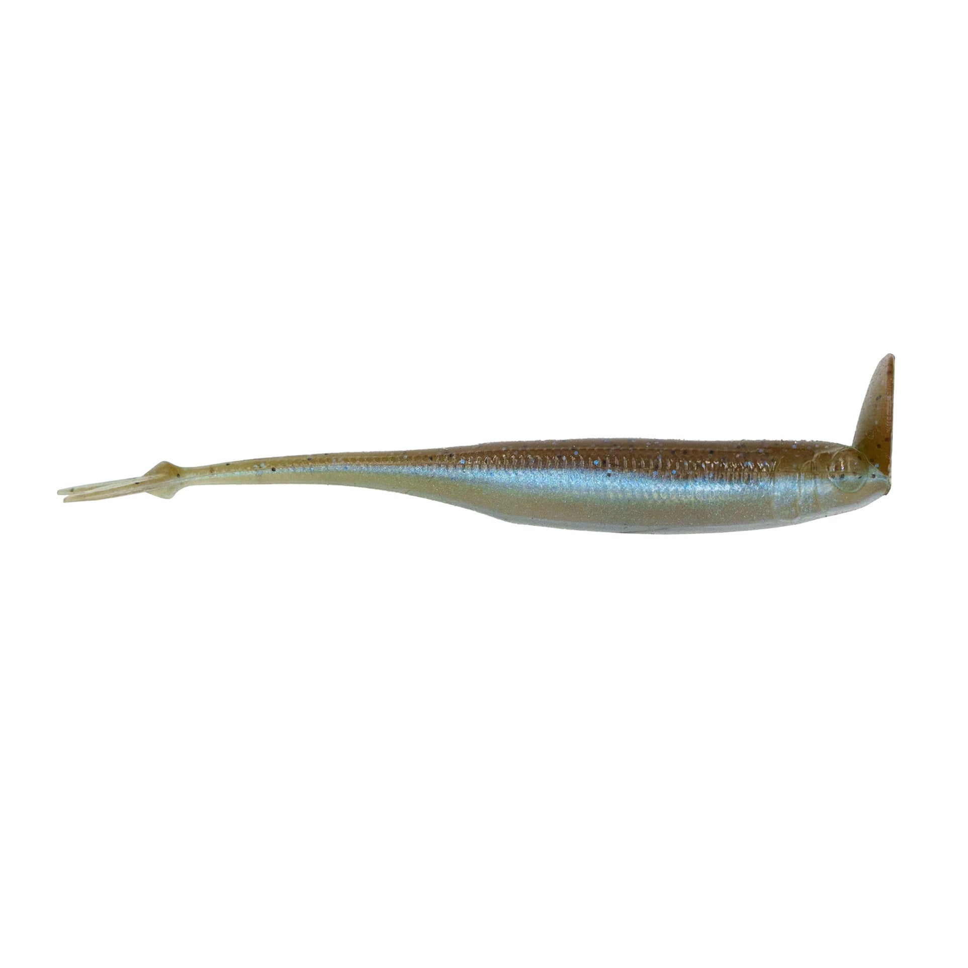 6th Sense Strobe Shaker 3.7 Minnow fishing lure in natural silver and brown tones with a paddle tail designed for realistic movement in water.