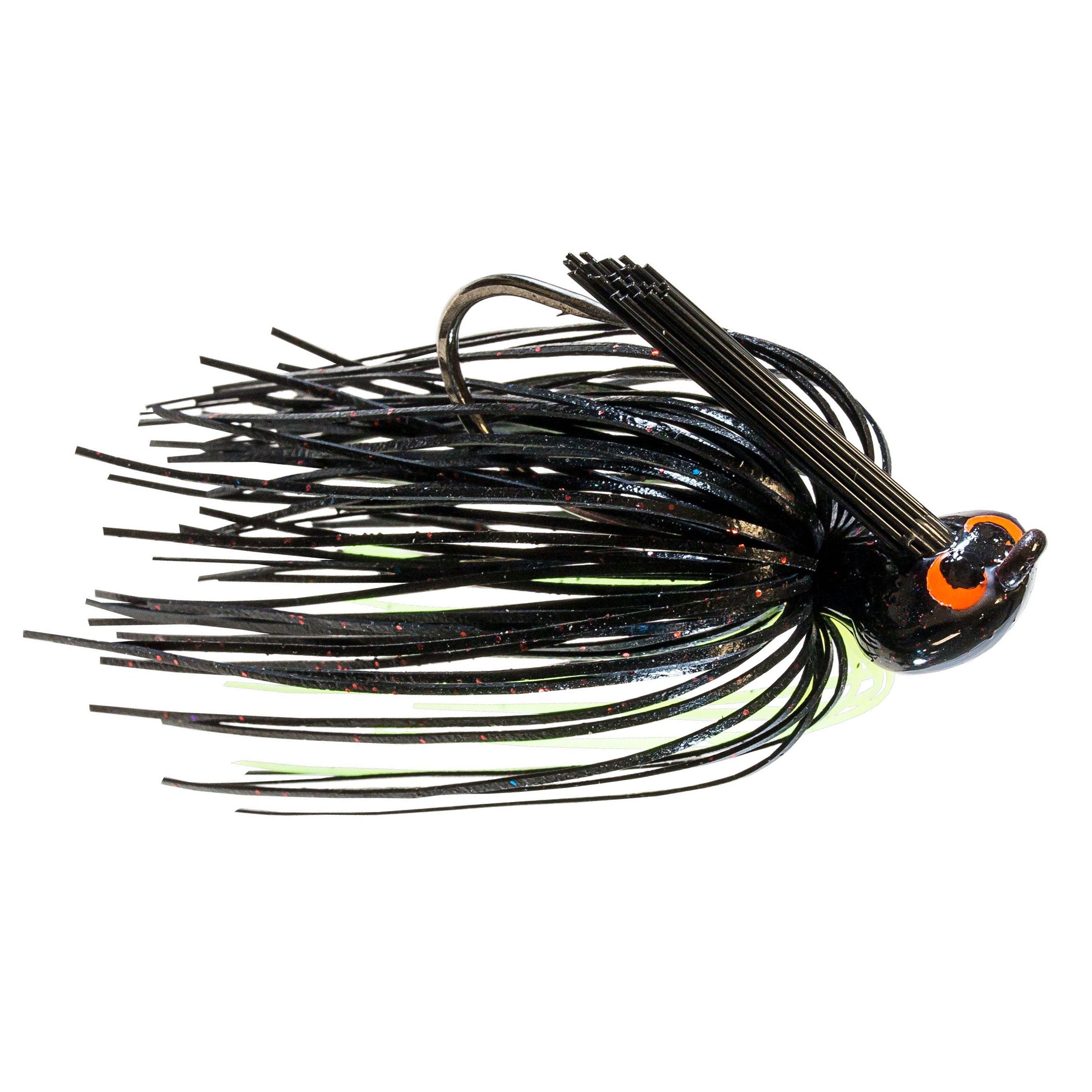 Z-Man CrossEyeZ Flipping Jig with lifelike black skirt and orange-accented head designed for effective fishing tackle use in musky and freshwater fishing.