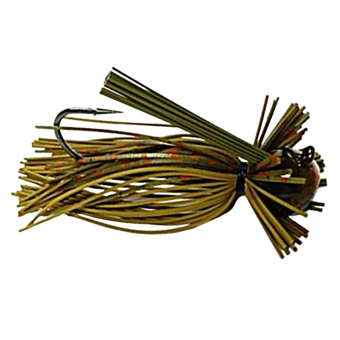 Greenfish Tackle Itty-Bitty Living Rubber Finesse Jig fishing lure in green and brown tones with flexible rubber strands and a sharp hook designed for finesse fishing techniques.
