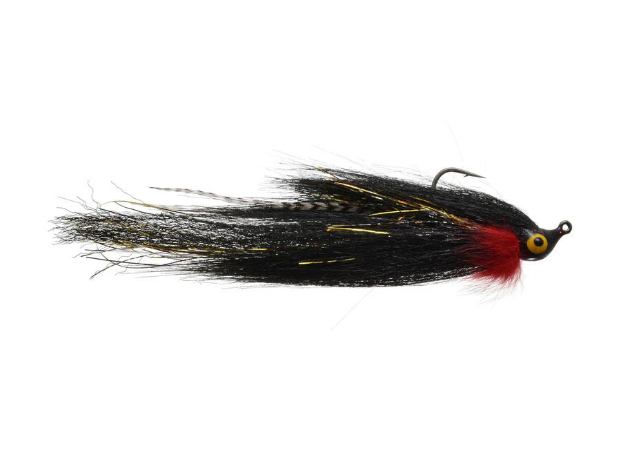 Warpath's Tomahawk #3/0 fishing lure featuring a black and red feathered design with yellow eyes, designed for musky fishing and equipped with a single hook.