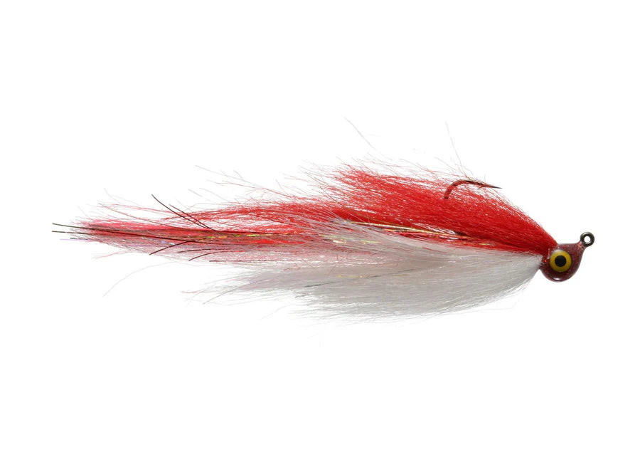 Warpath's Tomahawk #3/0 fishing lure featuring red and white feathered body with a realistic eye, designed for musky fishing tackle enthusiasts.