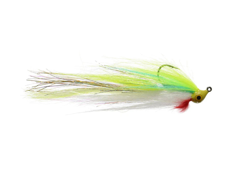 Warpath's Tomahawk #3/0 fishing lure with green, yellow, and white feathers, designed for musky fishing, featuring a sharp hook and lifelike eye detail.
