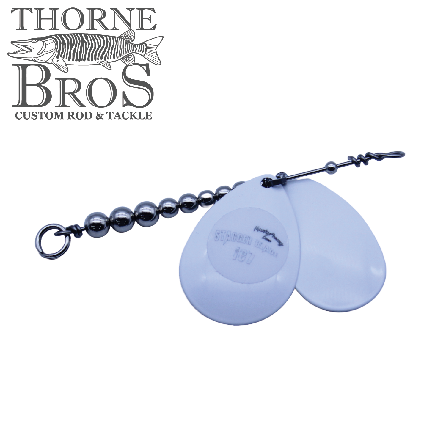 Musky Frenzy Blade Attachments featuring two white curved blades attached to a metal wire with a beaded swivel, designed for fishing tackle use.