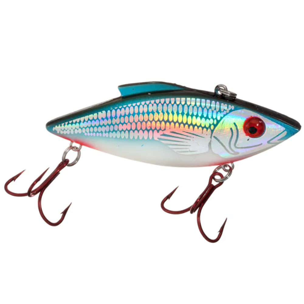 Bill Lewis Rat-L-Trap - Mag Trap fishing lure with a reflective, scale-patterned blue and silver body, red eyes, and two triple-pronged hooks for musky and ice fishing tackle.