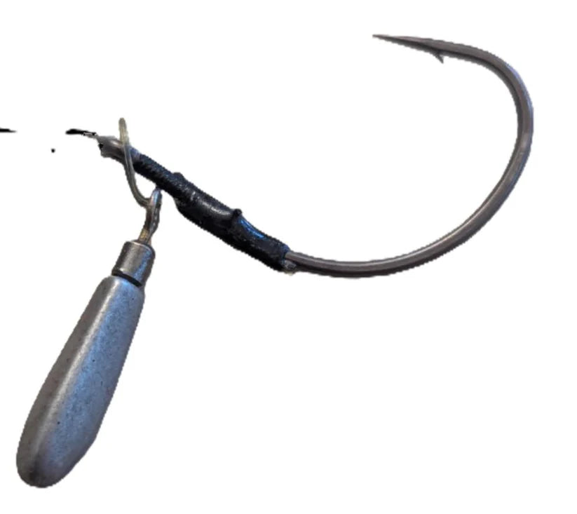 Close-up of Limitless Felix's HALO Ryugi fishing lure featuring a sharp curved hook and weighted sinker, designed for precision fishing tackle and musky angling.