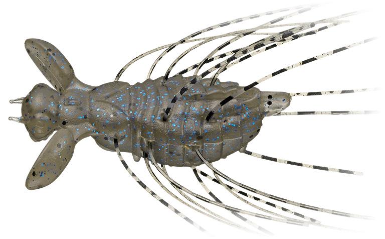 Evergreen Flutter Gizmo fishing lure designed to mimic a small crustacean with a segmented body and multiple long, striped legs for effective fish attraction.