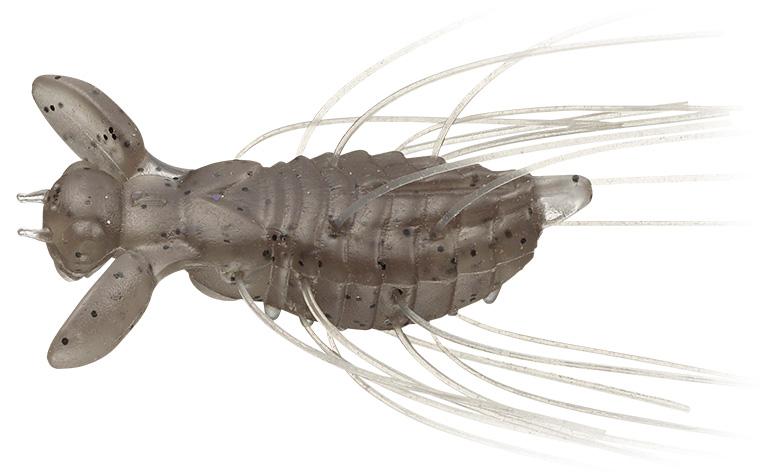 Evergreen Flutter Gizmo fishing lure designed to mimic aquatic insect with translucent gray body and multiple fine appendages for realistic water movement.