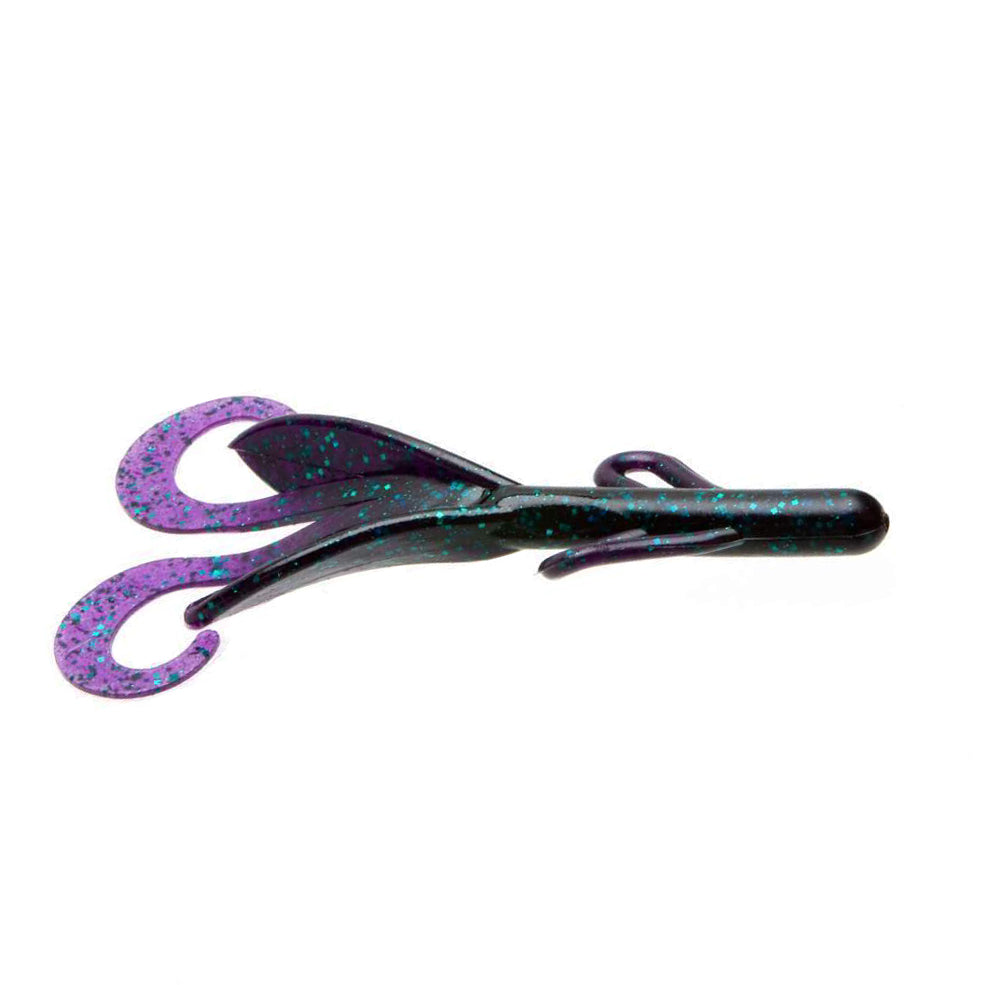 Zoom Brush Hog fishing lure in black with purple and blue speckles, featuring multiple curly appendages designed for musky and freshwater fishing tackle.