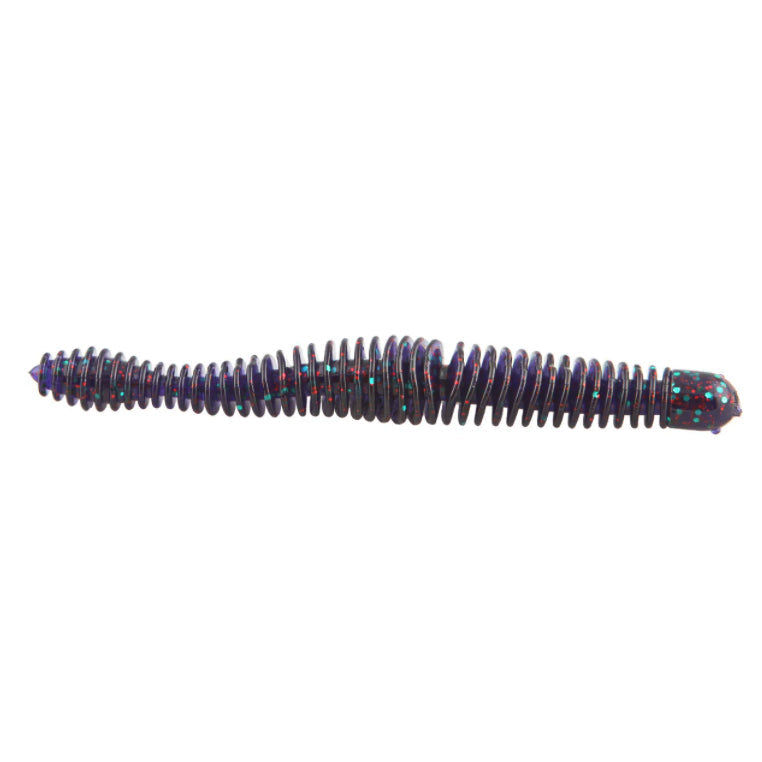 Big Bite Baits Russ Lane Coontail Worm fishing lure in dark color with red and blue flecks, designed for realistic movement to attract fish in tackle and fishing gear.