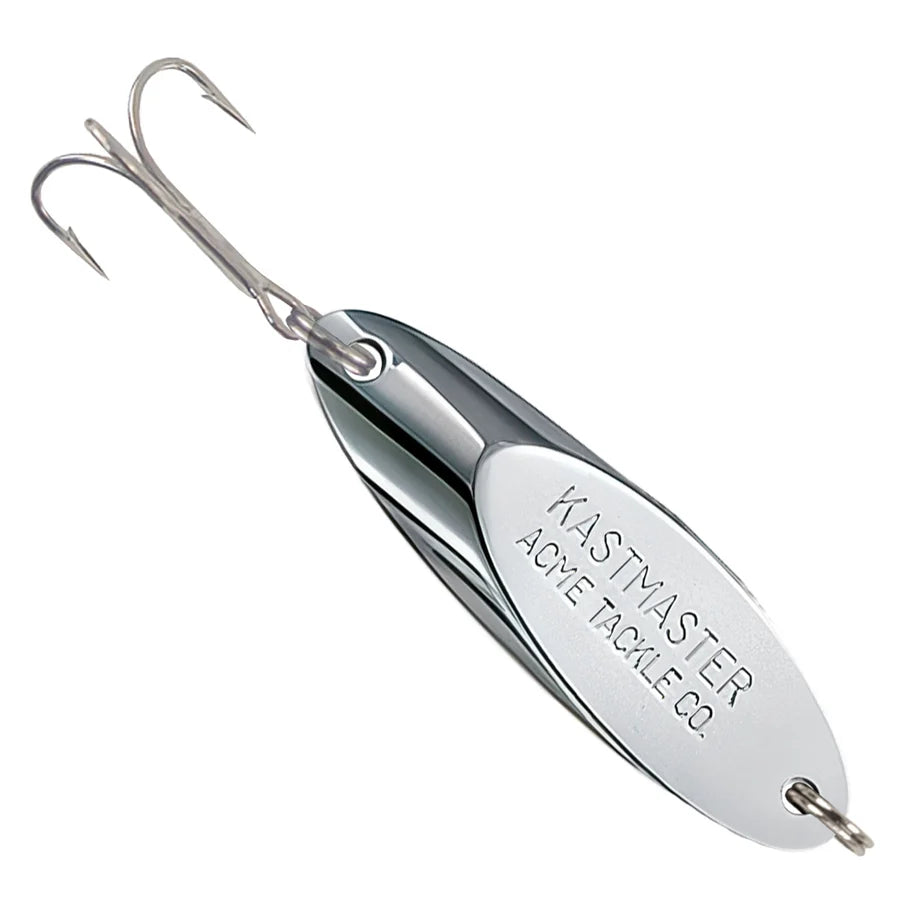 Acme Kastmaster silver metal fishing lure with treble hook and trailing eyelet for casting and trolling applications