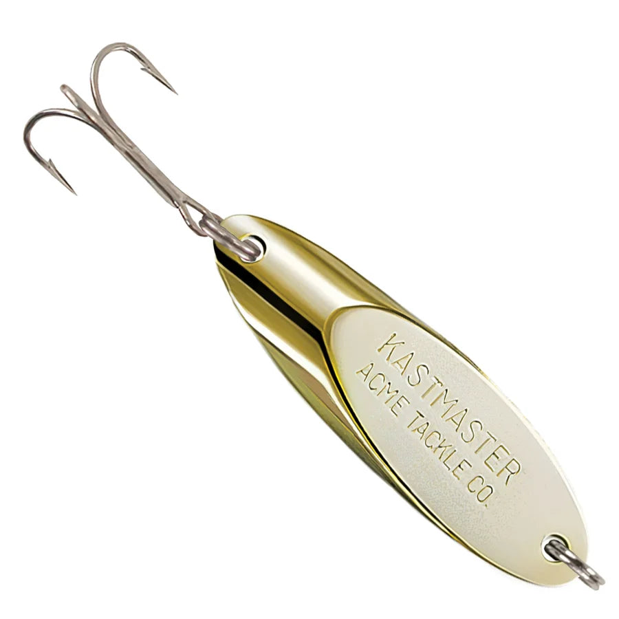 Acme Kastmaster gold spoon fishing lure with treble hook and attached eyelet for casting and retrieving in freshwater or saltwater