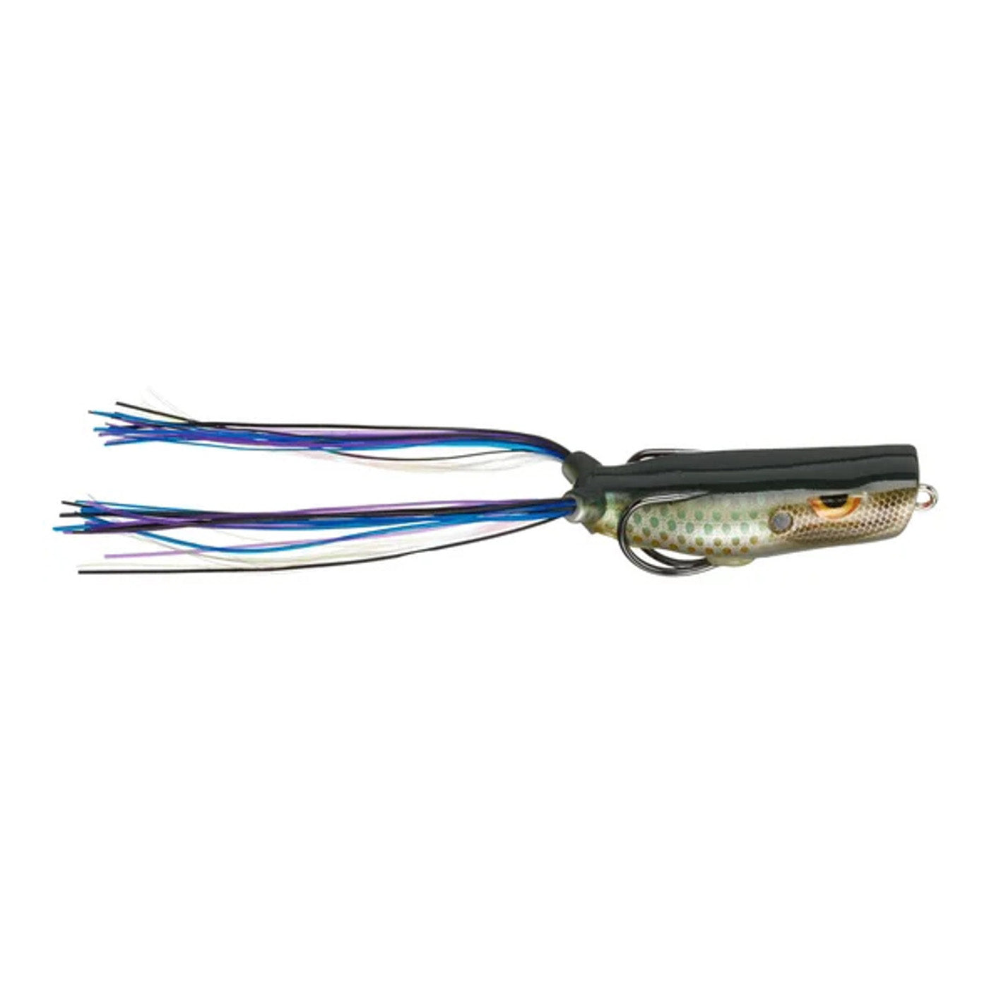 Gambler Lures Popping Frog fishing lure with lifelike green and silver body, realistic eyes, and flexible blue and black skirt designed for musky and freshwater fishing tackle.