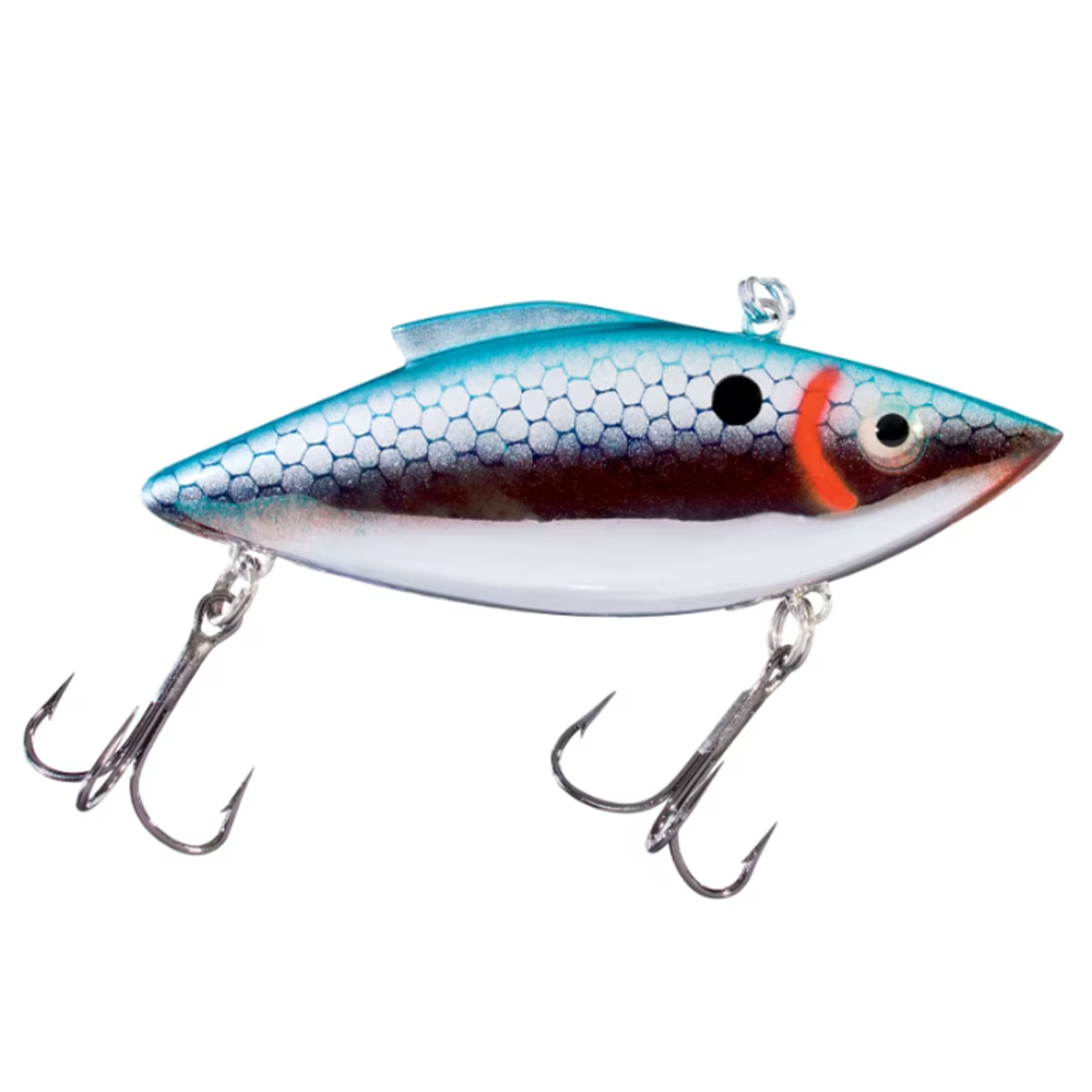 Bill Lewis Rat-L-Trap - Standard fishing lure with a blue and silver scaled body, red accent near the eye, and two sharp treble hooks for effective fishing tackle.