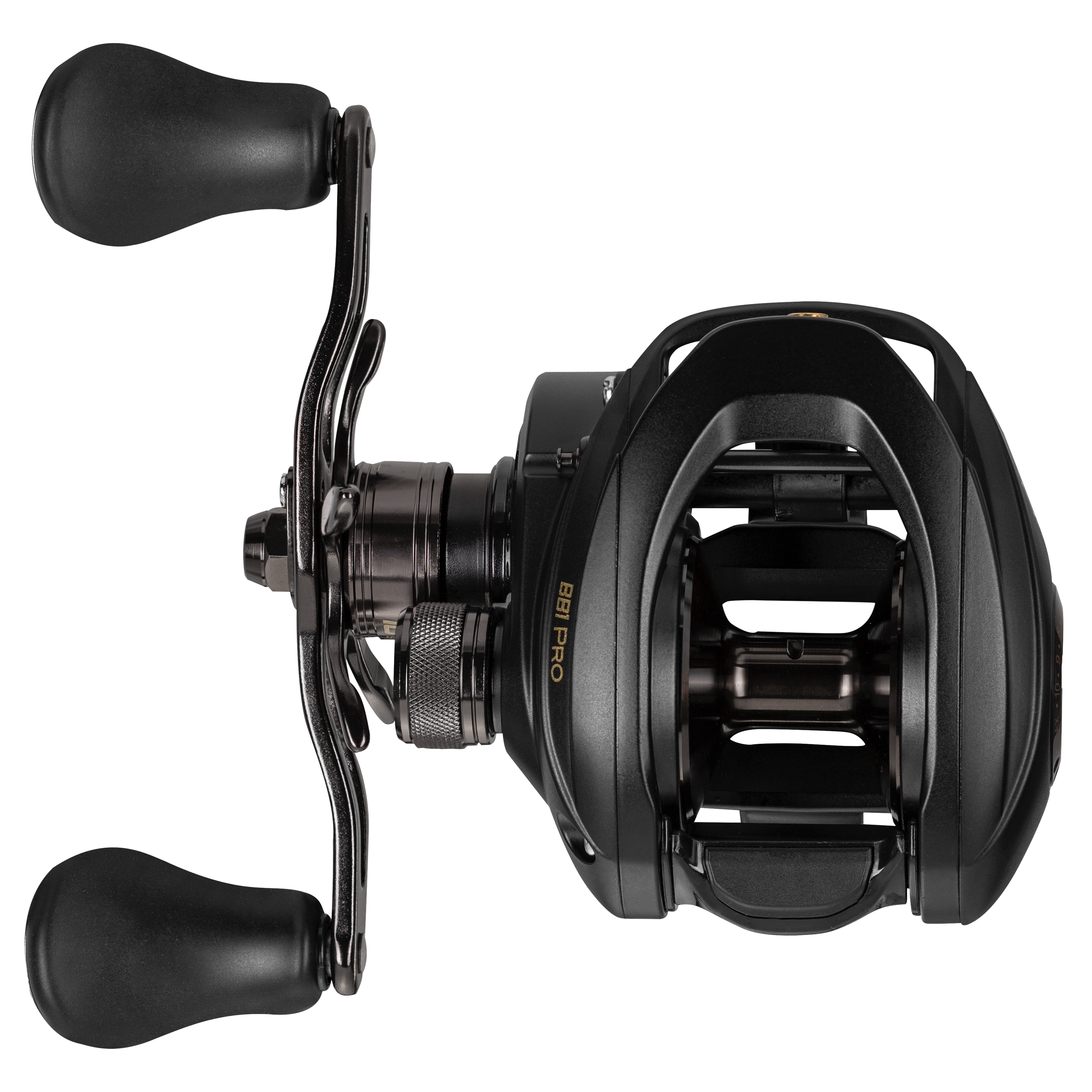 Top-down view of Lew's BB1 Pro Speed Spool LFS Casting Reel in black, featuring dual ergonomic handles, high-speed spool, and compact design for fishing tackle enthusiasts.