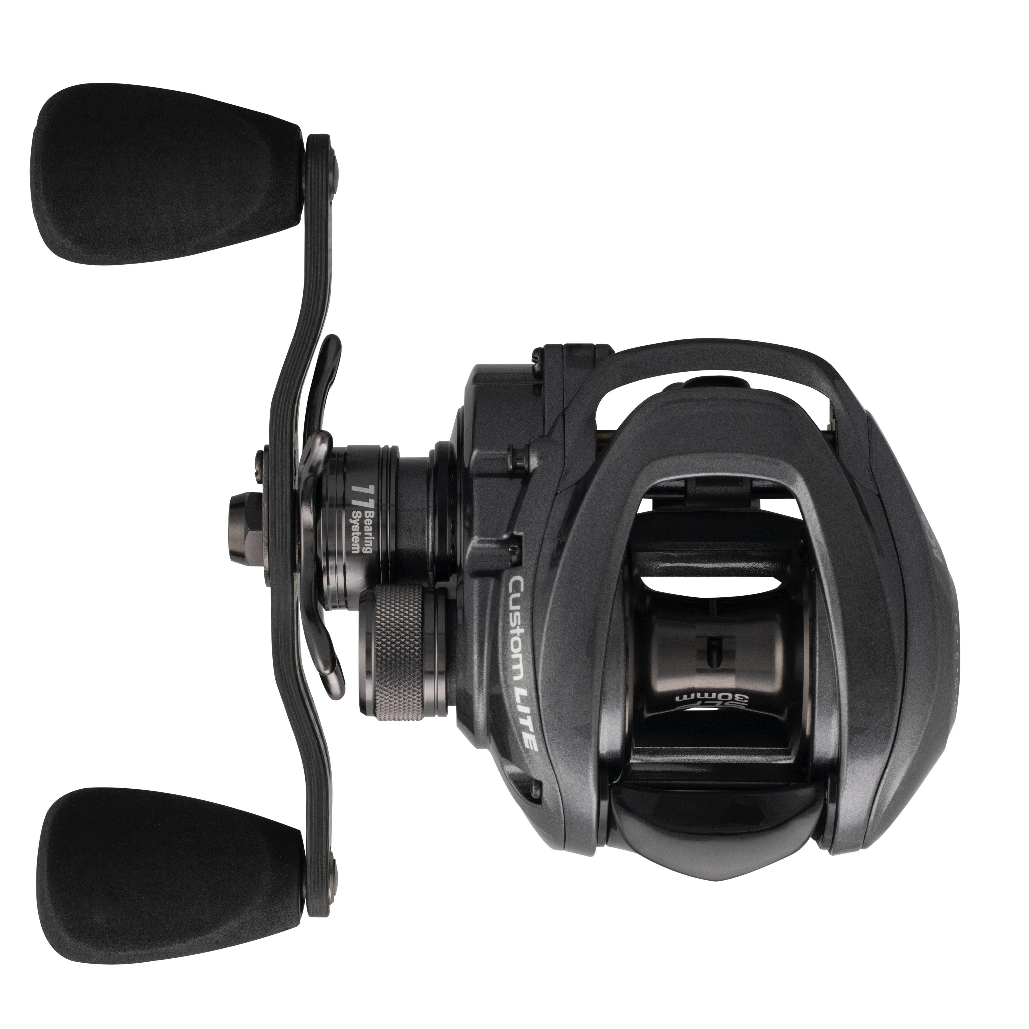 Lew's Custom Lite Speed Spool SLP Casting Reel in black, featuring dual foam handles, compact design, and precision engineering for smooth fishing tackle performance.