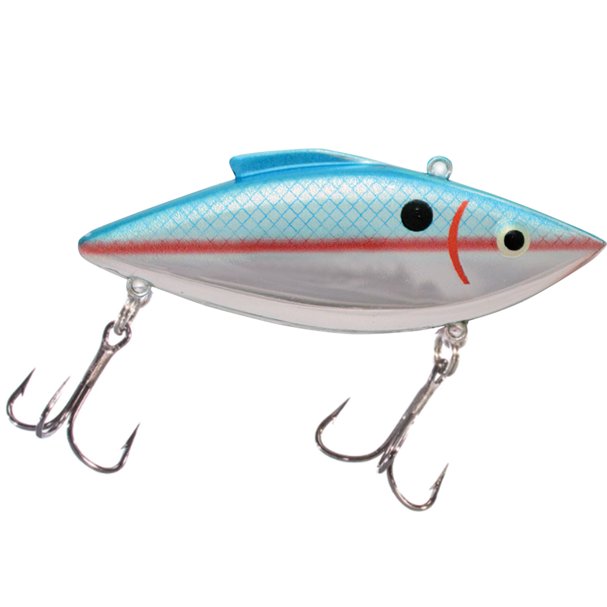 Bill Lewis Rat-L-Trap - Magnum Force fishing lure with blue and silver body, detailed scale pattern, two treble hooks, and realistic eye for effective musky fishing tackle.