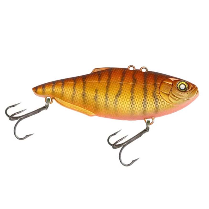 Nishine Lure Works Simcoe 75 Lipless Crankbait in orange and brown with black vertical stripes, featuring two treble hooks designed for fishing tackle use.