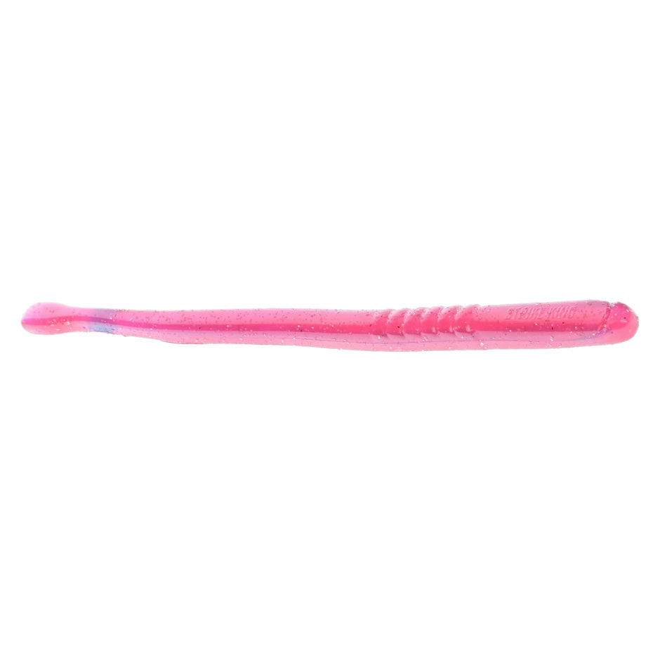 Strike King KVD Perfect Plastics Filler Worm 6" in bright pink with subtle blue accents, designed for fishing tackle use with detailed ridges and soft plastic material.