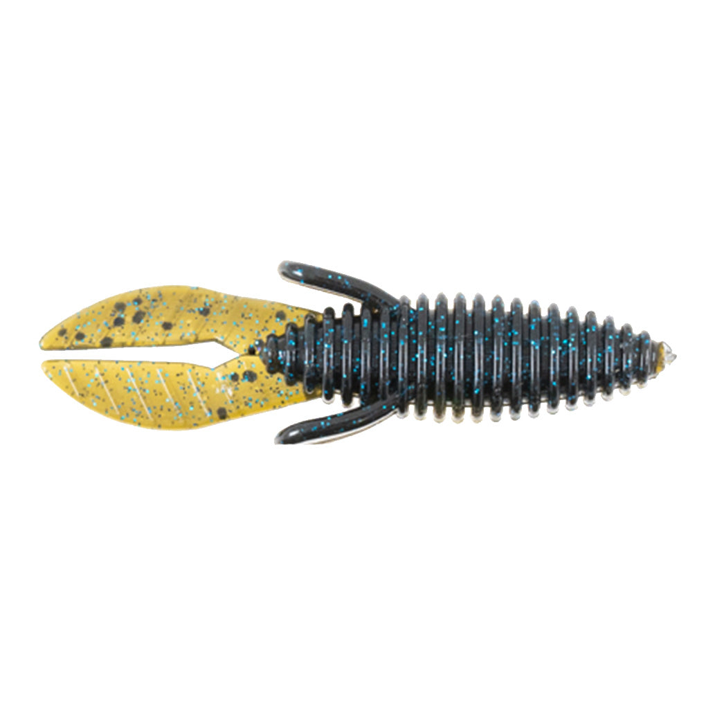 Missile Baits Micro D Bomb fishing lure with a segmented black body featuring blue speckles and twin yellow pincers with black spots, designed for fishing tackle use.
