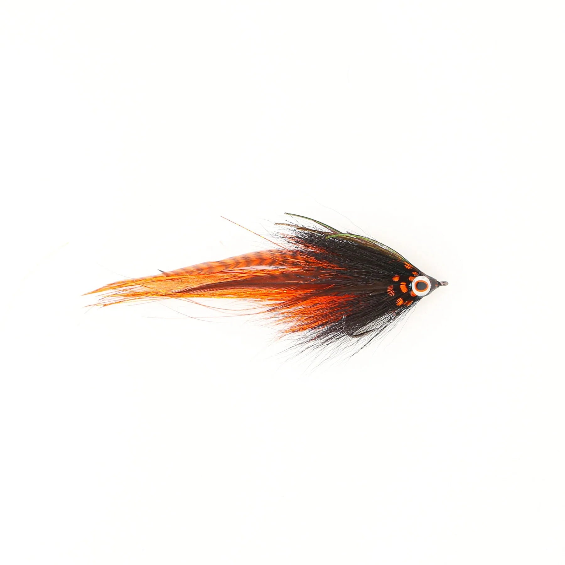 Single Minnow Urban Fly Co. fishing lure with a black and orange feather body designed for fly fishing, featuring detailed patterning and realistic materials.