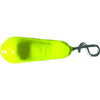 Mission Tackle Live Bait Sinker in bright chartreuse color with a streamlined shape and attached metal swivel for secure rigging in fishing tackle setups.