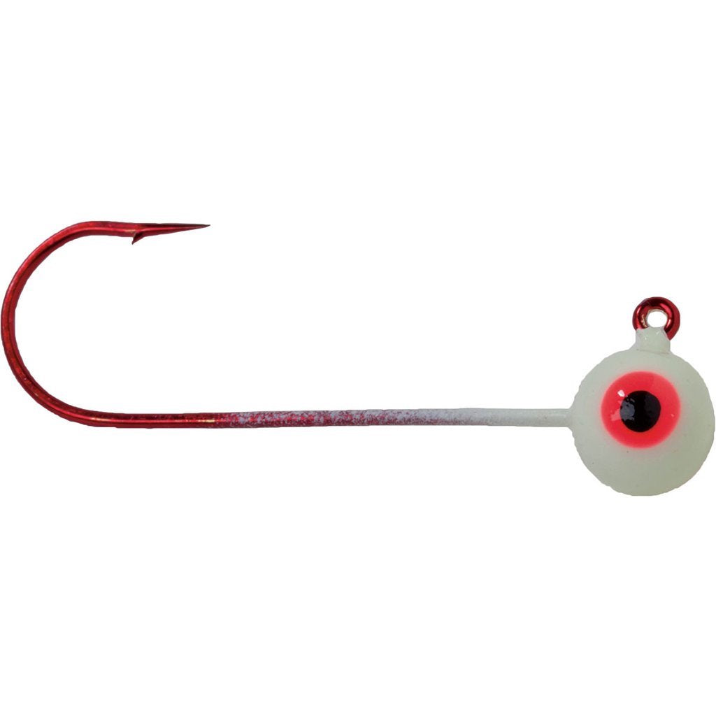 Mission Tackle Shiner Jig featuring a red sharp fishing hook with a long shank and a white jig head with a red and black eye, designed for fishing tackle use.