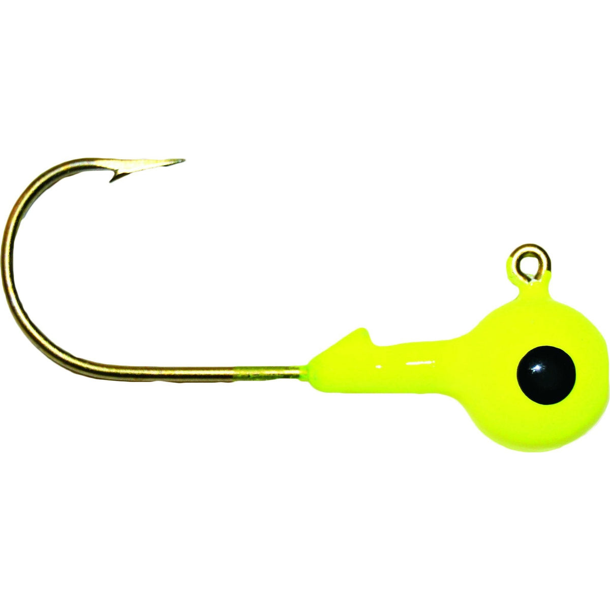 Mission Tackle Single Eye Round Head Jig in bright chartreuse color with a round weighted head featuring a black eye detail and a sharp single hook, ideal for fishing tackle use.