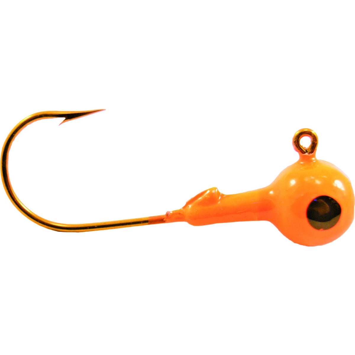 Mission Tackle Single Eye Round Head Jig with an orange round head featuring a black eye detail and sharp gold hook, designed for fishing tackle.