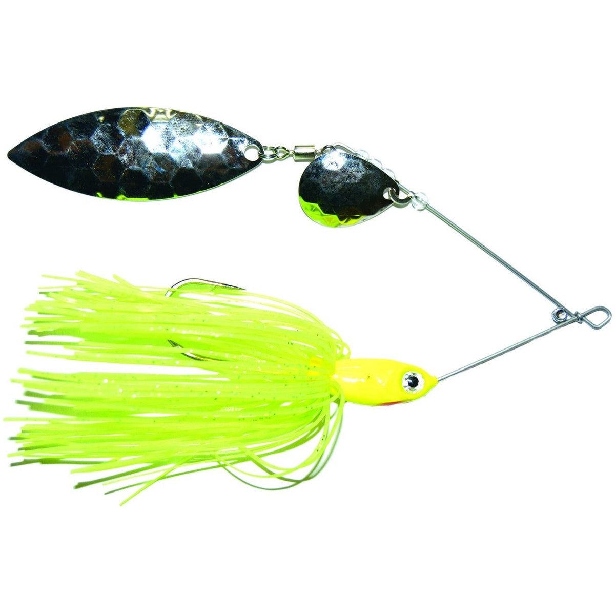 Mission Tackle Spinnerbait Tandem Spin with chartreuse skirt, two reflective silver blades, and a hook designed for musky fishing and other freshwater game fish.