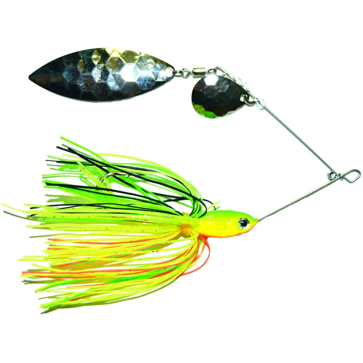 Bright yellow and chartreuse fishing lure with black accents, featuring two reflective silver spinner blades and a skirted body, designed as the Mission Tackle Spinnerbait Tandem Spin.