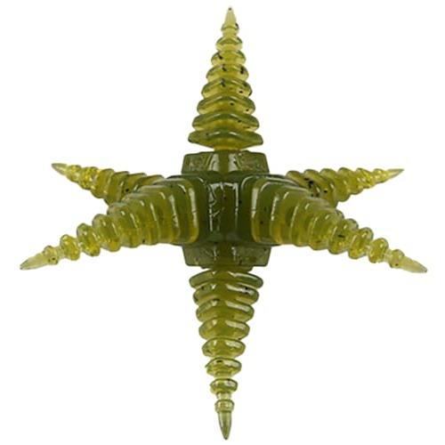 A close-up view of the Aros Double Nex fishing lure in green, featuring six spiral, textured appendages designed to attract fish in freshwater fishing.