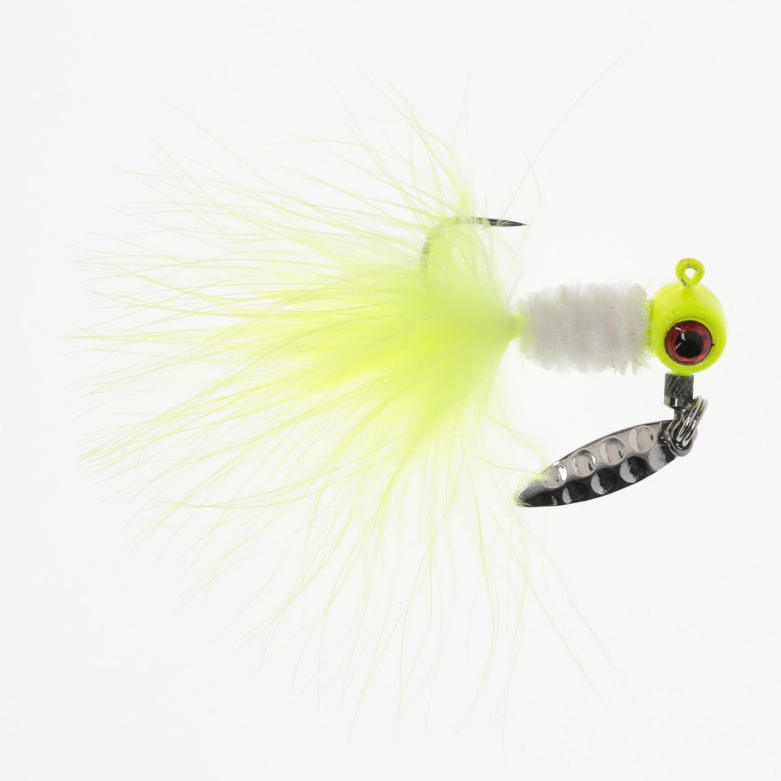 Strike King Mr. Crappie Maribou Sausage Spin fishing lure featuring a bright chartreuse marabou tail, white body, yellow jig head with red eye, and a small silver spinner blade for attracting fish.