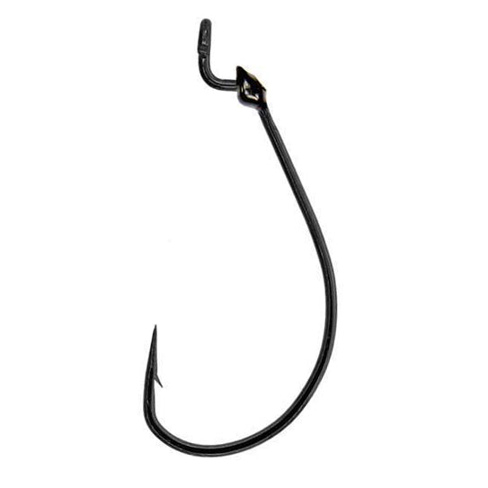 Mustad KVD Grip Pin Soft Plastic Hook in black nickel finish, featuring a wide gap and a grip pin design for securely holding soft plastic fishing lures.
