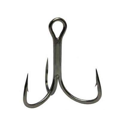 Mustad KVD Elite Triple Grip 2X Short Treble Hook in black nickel finish, featuring three sharp curved hooks with barbs designed for durable fishing tackle and enhanced catch security.