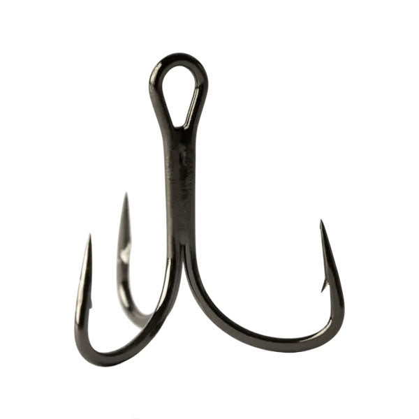 Close-up of a black Mustad KVD Elite Triple Grip 1X Strong Treble Hook with three sharp, curved points designed for fishing tackle use.