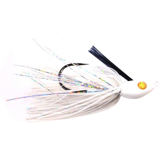 Hayabusa Lil' Schmitty Swim Jig fishing lure with a white and iridescent skirt, black weed guard, detailed hook, and a yellow eye designed for effective musky and freshwater fishing tackle.
